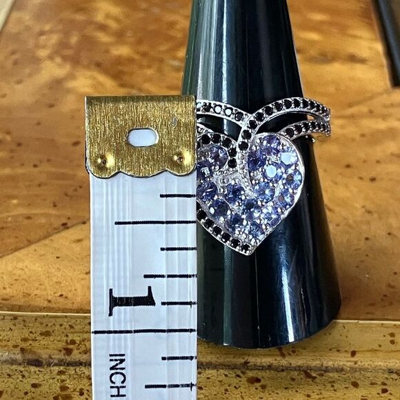 Genuine Tanzanite Black Spinel Sterling Silver Heart Ring Size 8 - Picture 8 of 10